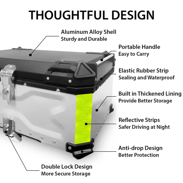 VOKKA Motorcycle Top Box, 65L Aluminium Alloy Waterproof Dustproof and Anti-Theft, Luggage Box for Storage Helmet, Motorbike Top Case with Backrest and Baseplate (Silver)