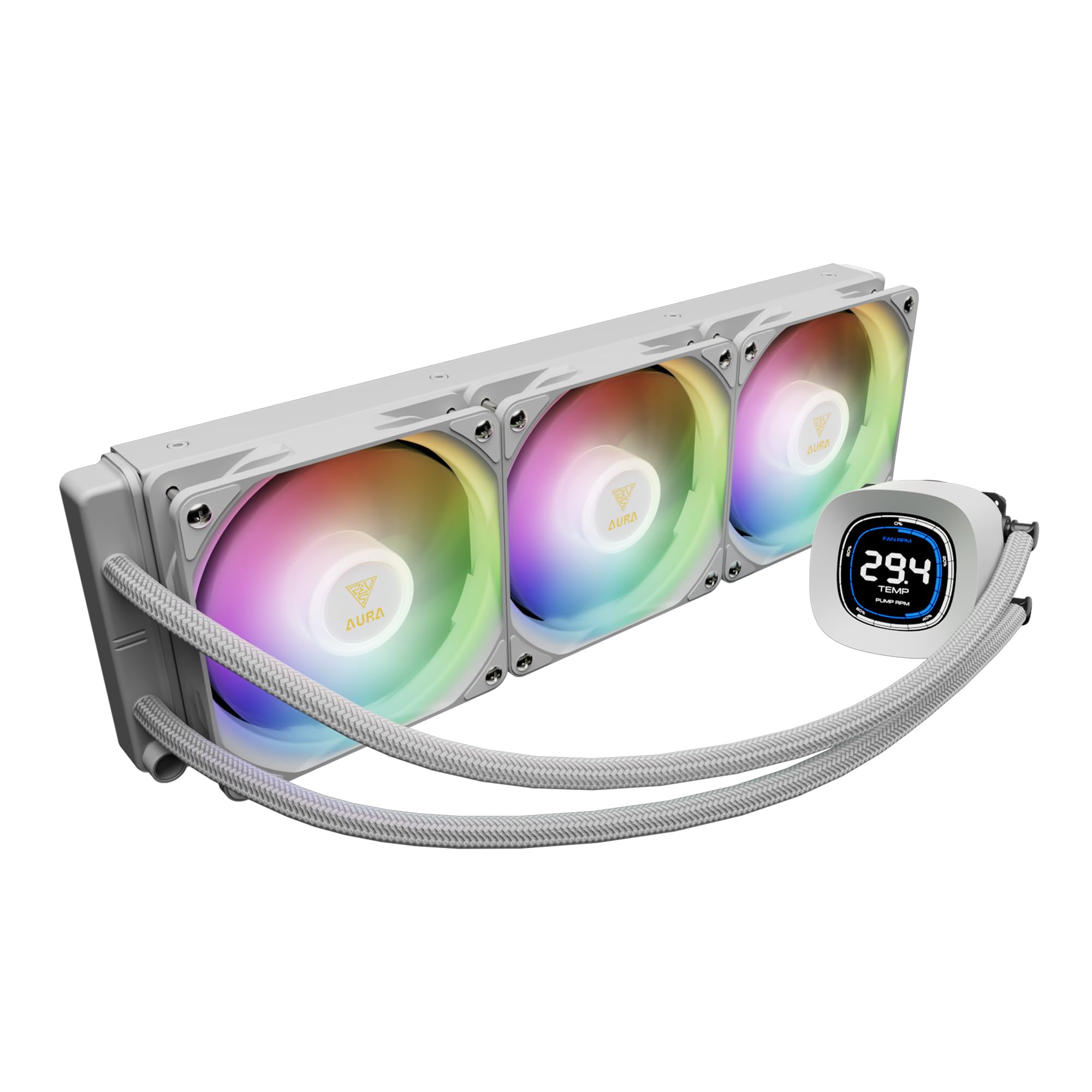 GAMDIAS AURA GL240 LCD 240mm AIO Liquid CPU Cooler, Customizable 4'' IPS LCD Display, Cableless Daisy Chained Fan, Software Ready, Support Low-Noise PWM & ARGB Sync, Intel LGA 1851/1700；AMD AM5, Black