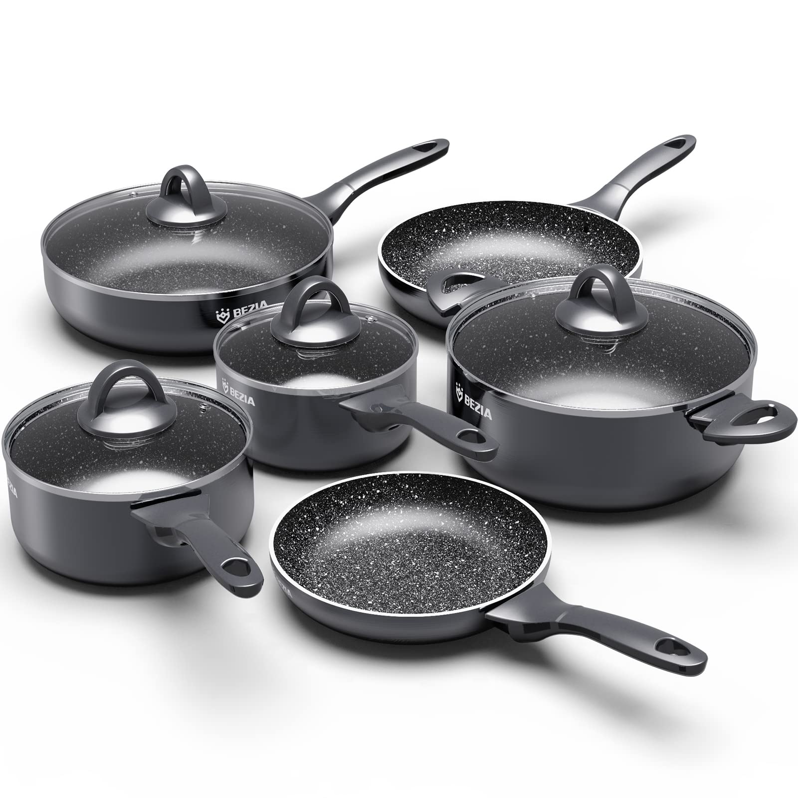 Induction Hob Pan Set, Pots and Pans Set Nonstick 10 Piece, Non Stick Cookware Saucepan Sets with Lids, Stay-Cool Bakelite Handle, Cooking Saucepans,