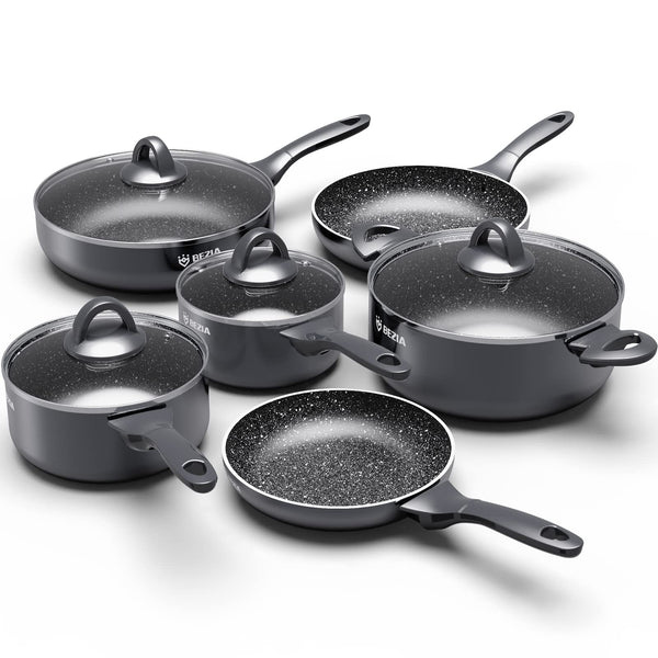 Induction Hob Pan Set, Pots and Pans Set Nonstick 10 Piece, Non Stick Cookware Saucepan Sets with Lids, Stay-Cool Bakelite Handle, Cooking Saucepans,