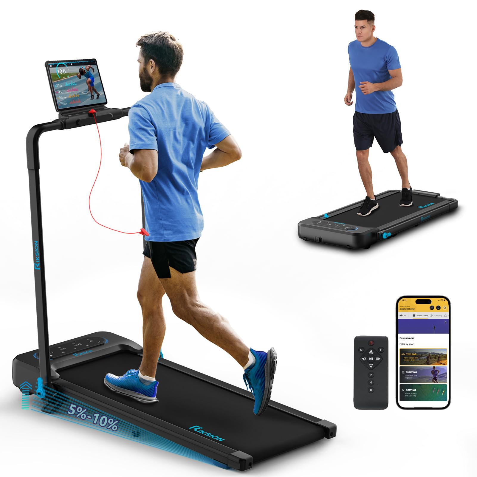 Treadmills Foldable 14KM/H with 10% Incline LED Monitor APP, Remote Control Under Desk Walking Pad with Foldable Handrail for Home Workout