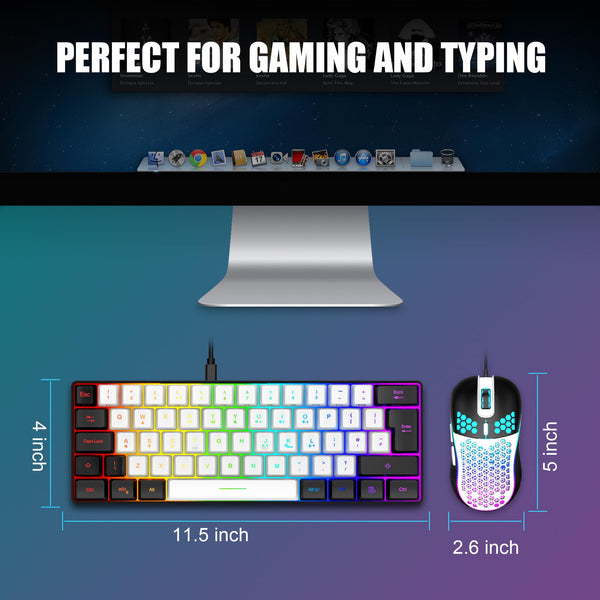 RedThunder 60% RGB Gaming Keyboard and Mouse Combo, UK Layout Ultra Compact Backlit Mini Keyboard, Lightweight 7200 DPI Cellular Optical Mouse, Portable Wired Gaming Set for PC PS5 Xbox Gamers (Black)