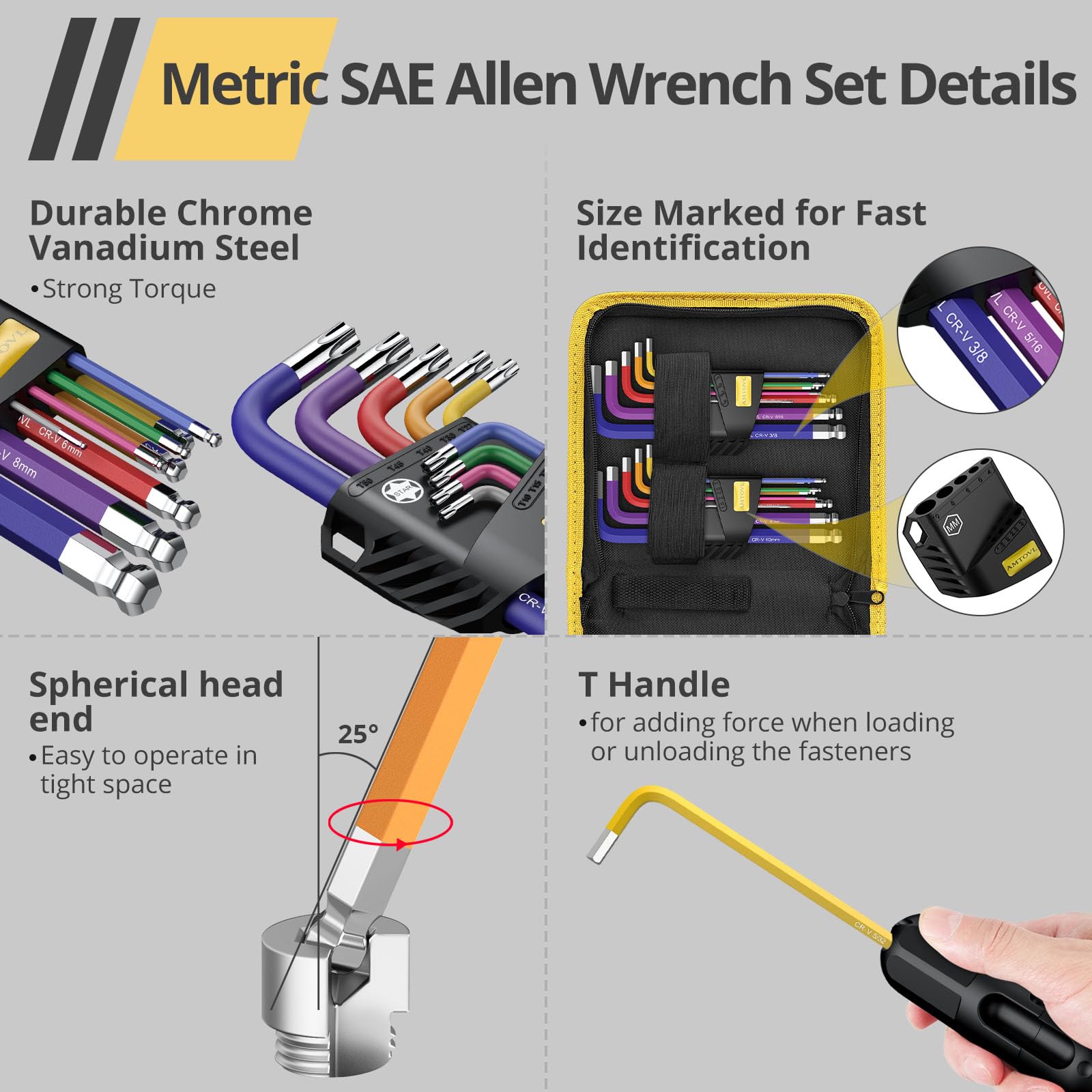 AMTOVL Hex Keys Set, 27PCS Allen Key Set & Star Key Set, Magnetic S2 Steel Metric Imperial Extra Long Ball End Hex Key Set with Color Coding with T-Handle for Bicycle Repair Household DIY