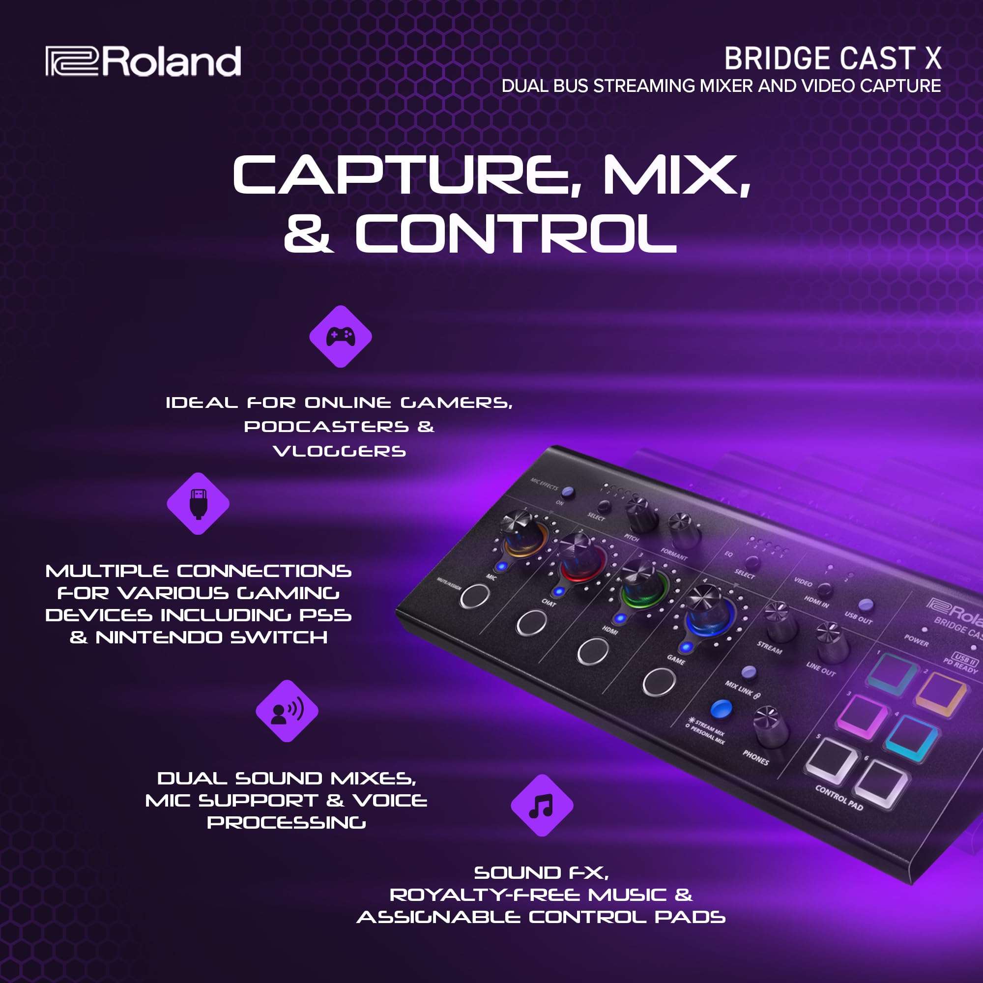 Roland BRIDGE CAST ONE Dual Bus Streaming Mixer Compact Audio Streaming Mixer For Online Gamers & Content Creators 32-Bit Hardware DSP USB-C Windows and Mac Connectivity XLR Mic Support