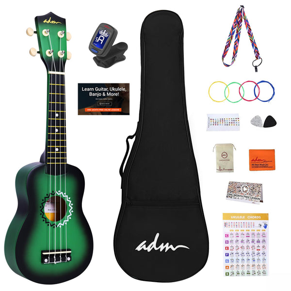 ADM Soprano Ukulele Set for Kids and Beginners, Ukulele Starter Kit with Bag, Clip-On Tuner, Rainbow Strings, Colourful Strap, Plectrum, Fingerboard Sticker, Chord Card (Dark Blue)