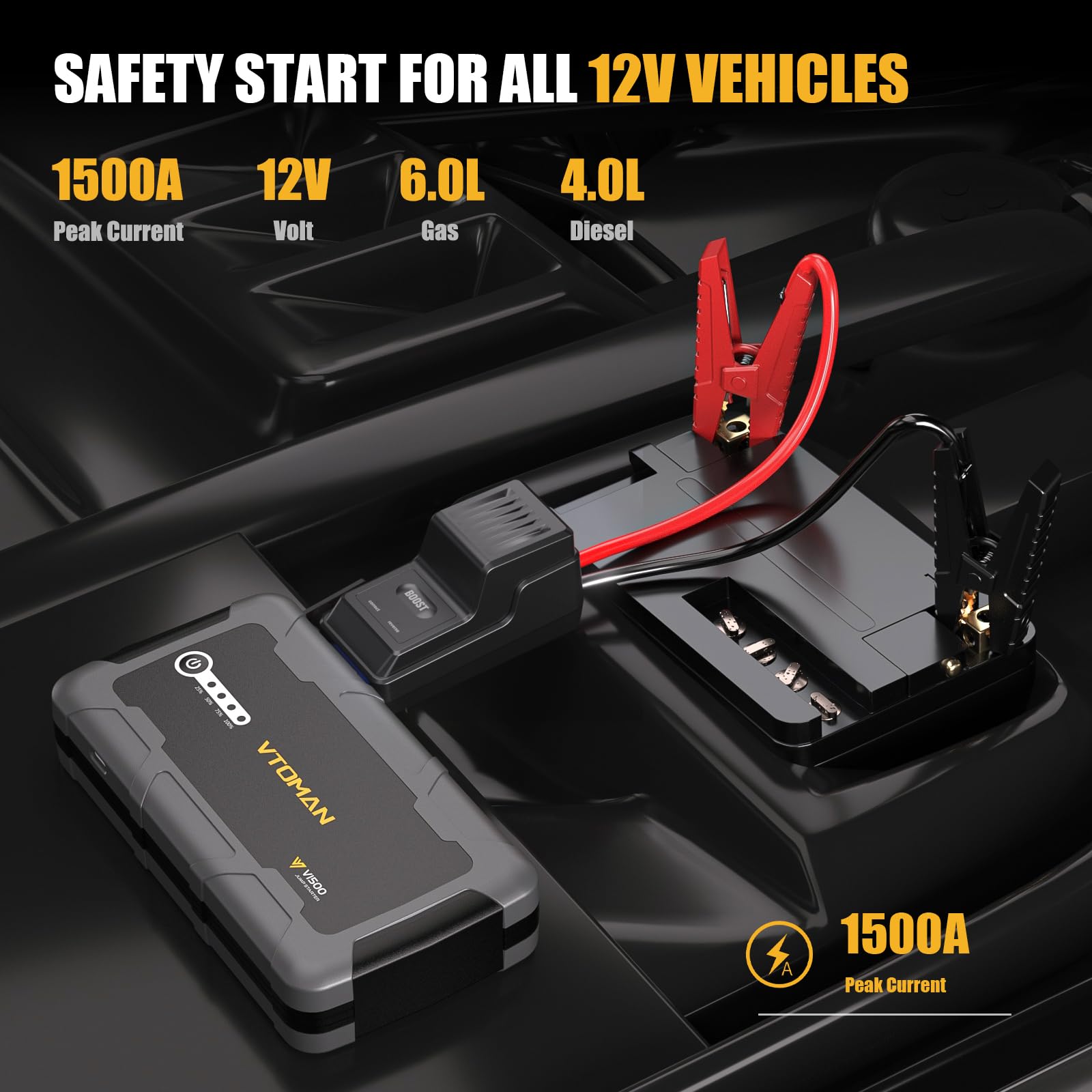 VTOMAN V2500 2500A Jump Starter Power Pack - Portable 12V Car Battery Booster Jump Starter with Jump Leads(Up to 8.0L Gas or 6.0L Diesel Engine), LED Flashlight, Quick Charge, 15V DC Port