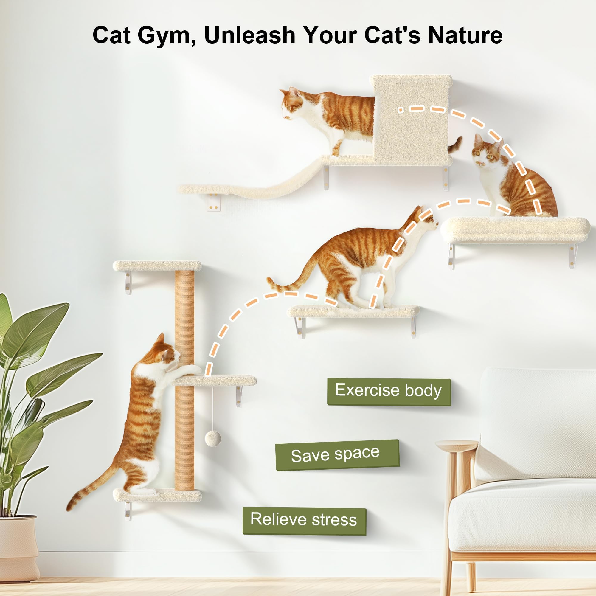 FUKUMARU Cat Wall Shelves, Stable & Safe 4 in 1 Large Cat Walls Furniture Set, Wooden Kitten Climbing Wall with Scratching Post for 16 Inch Drywall -