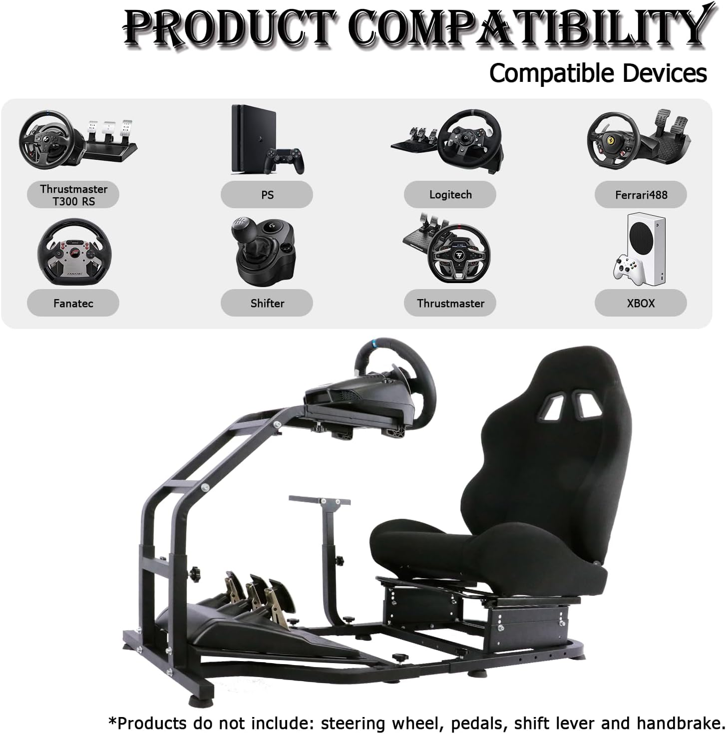 Minneer Racing Simulator Cockpit with Gaming Seat(Black) Stand-Up Fit for Logitech Fanatec Thrustmaster G29, G27, G25, G923 Adjustable Gaming Steering Wheel Stand Without Wheel and Pedals