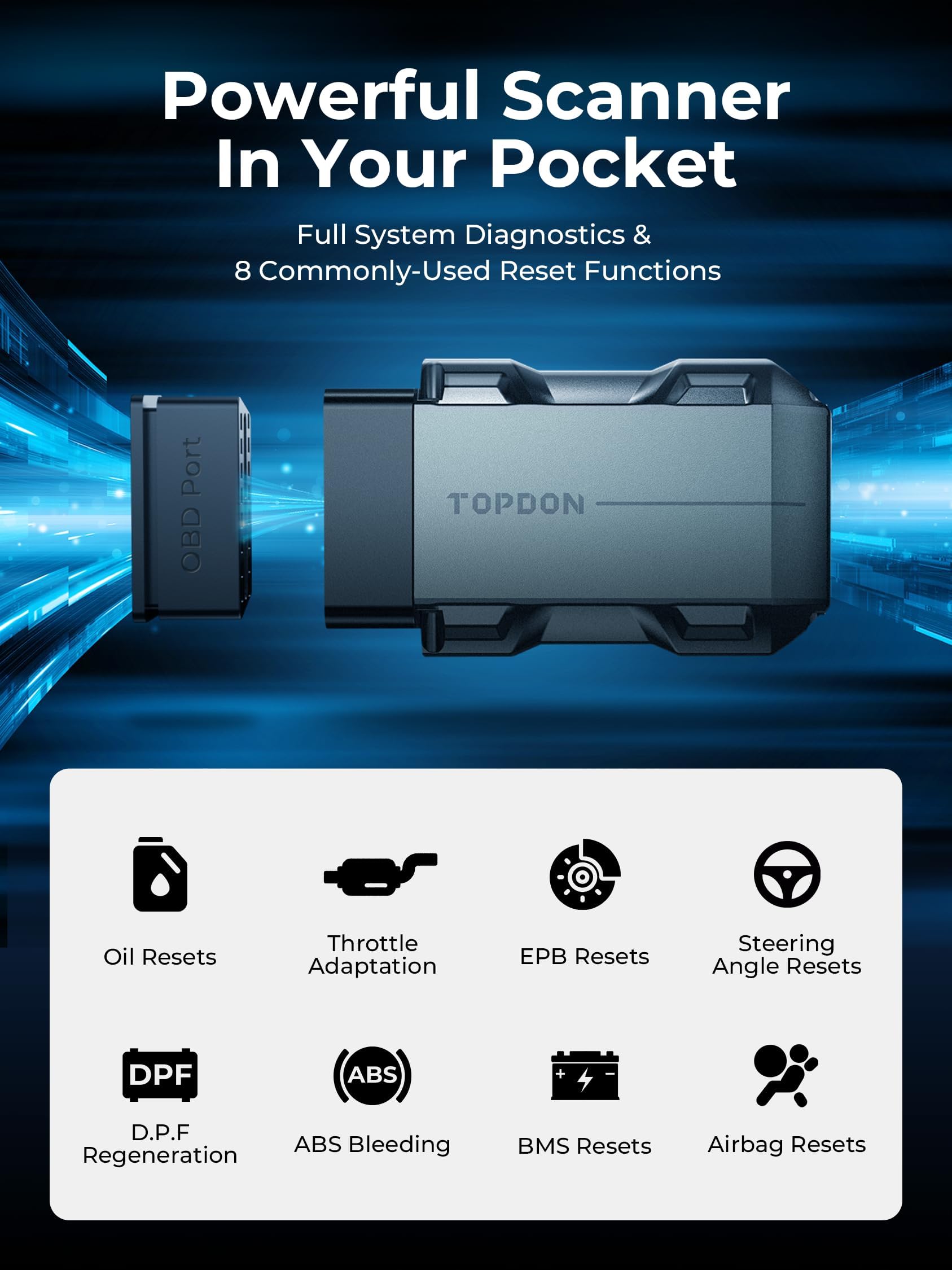 TOPDON Topscan OBD2 Scanner Bluetooth, Wireless OBD2 Code Reader with Active Test, 8 Reset, Car Diagnostic Tool for All System, Vehicle Performance Test for iPhone & Android, All Software 1 Year Free