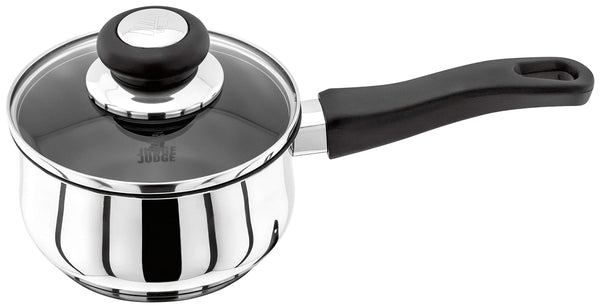 Judge Vista Stainless Steel Non-Stick Medium Saucepan 14cm 900ml, Shatterproof Vented Glass Lid, Induction Ready, Oven Safe, 25 Year Guarantee