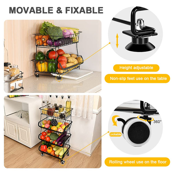 Fruit Vegetable Storage Basket Rack, 4 Tier Stackable Metal Wire Storage Baskets on Wheels, Fruit Vegetable Produce Basket Organizer Bins for Kitchen,