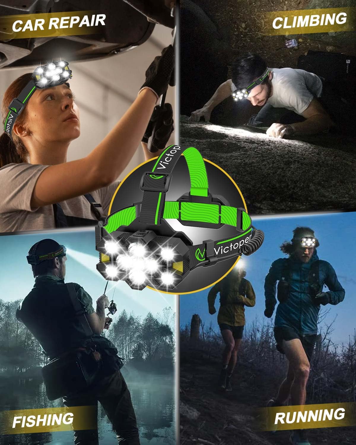 Victoper Head Torch Rechargeable v10000 Upgraded 22000 Lumen Torches LED Super Bright Headlight 10 LEDs Modes Hands-Free Flashlight for Camping Fishing Cycling Hiking Waterproof, Black