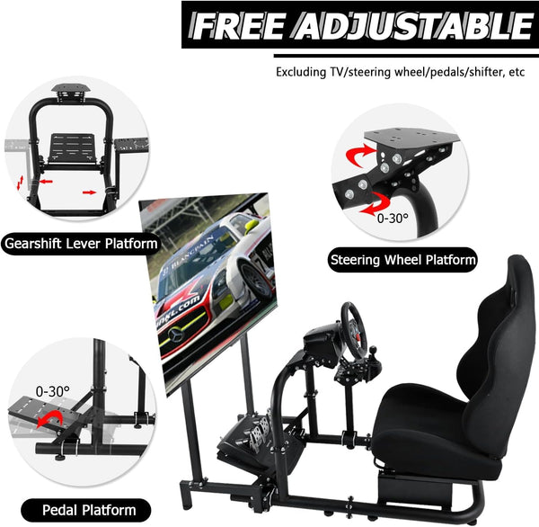 Minneer Pro Adjustable Racing Sim Cockpit With Black Seat, Monitor Fit for Logitech I Thrustmaster I Fanatec G25,G27,G29,G920,G923,T300RS,TX,T300rs Steering Wheel Stand Without Wheels and Pedals