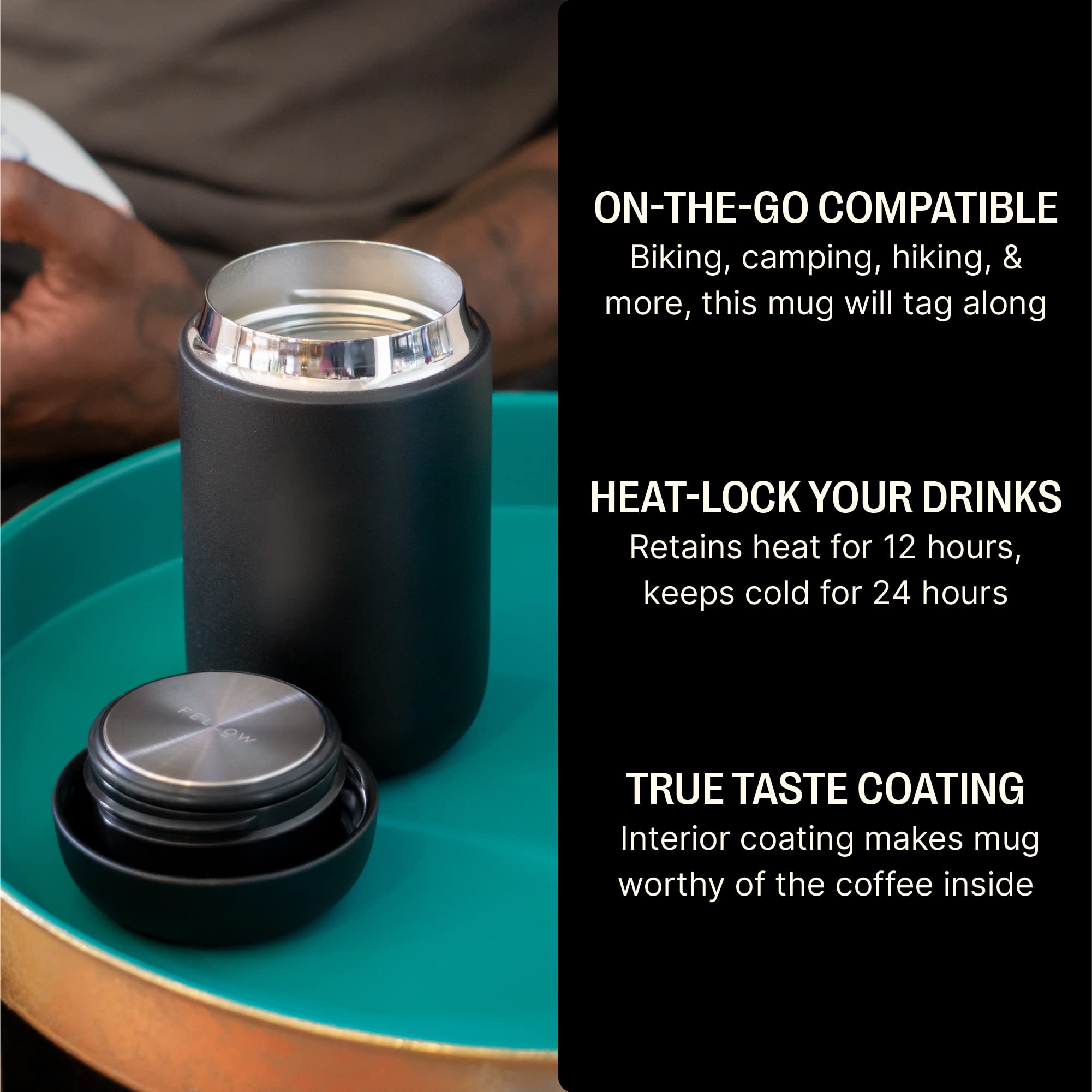 Fellow Carter Move Travel Mug - Wide Mouth Vacuum-Insulated Stainless Steel Coffee and Tea Tumbler with Ceramic Interior, Matte Black, 16 oz Cup