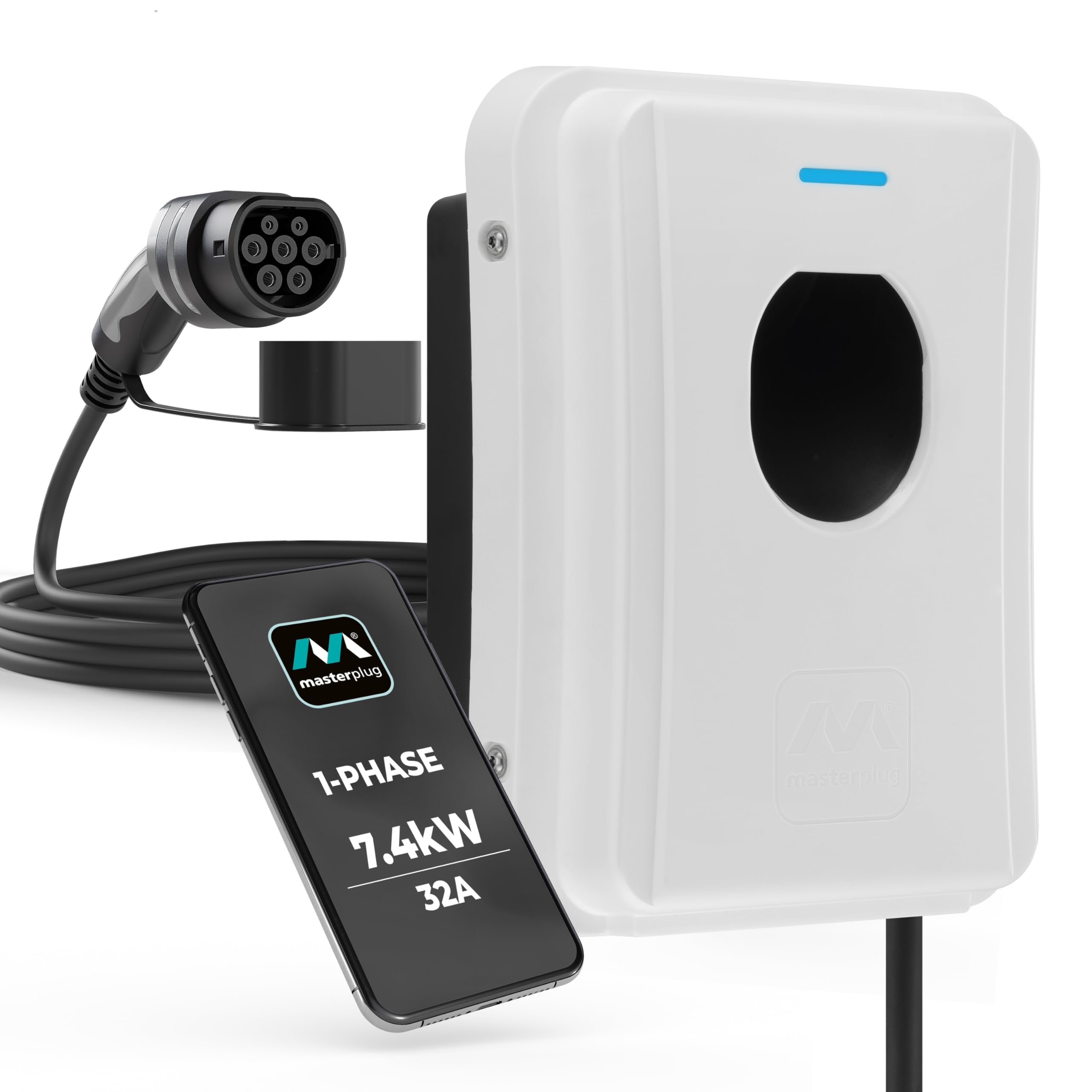 Masterplug Smart EV Home Wall Charger for Type 2 Electric and Plug-In Hybrid Vehicles, Tethered with 5m Cable, Mode 3, App Control, Solar Charging, Single Phase, Black, IP55, 7.4kW, 32A, EVCM3ST7B-MP