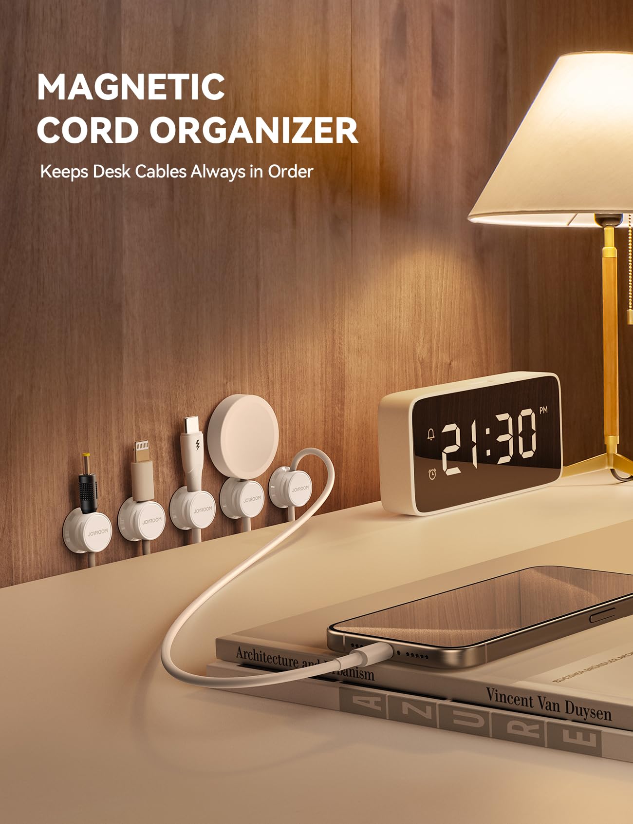 JOYROOM 6 Pack Cable Tidy Clips Cord Organiser Magnetic Cable Management Self Adhesive Wire Holder for Desk, Nightstand, Charging Cables, HDMI, USB, Audio Cable, Office, Home, White