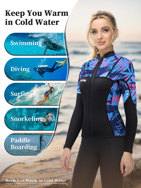 Owntop 2mm Neoprene Wetsuits Jacket for Men/Women, Long Sleeve Front Zipper, Purple, Unisex-Adults, Surfing, Scuba Diving, Paddling, Swimming