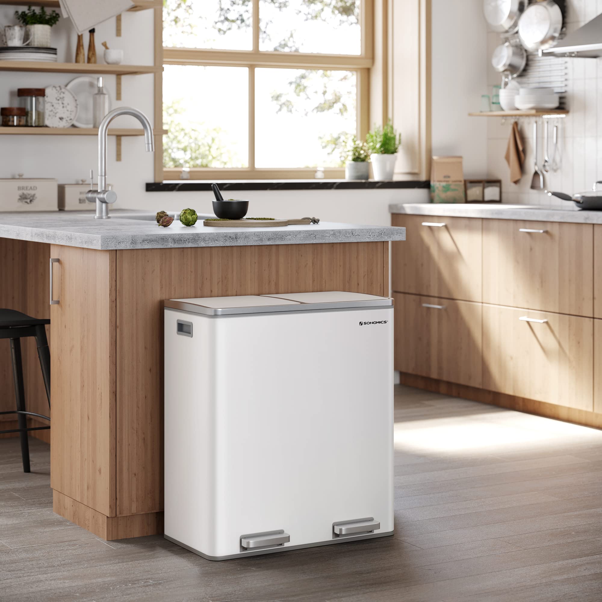 SONGMICS Dual Rubbish Bin, 2 x 30 L Recycling Bin with 15 Rubbish Bags, 2-Compartment Metal Pedal Bin with Lids and Plastic Inner Buckets, Soft Closure, Slate Grey LTB060G01