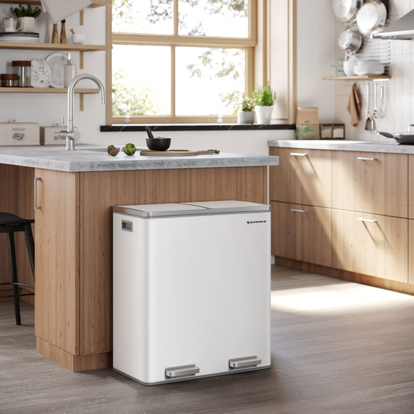 SONGMICS Dual Rubbish Bin, 2 x 30 L Recycling Bin with 15 Rubbish Bags, 2-Compartment Metal Pedal Bin with Lids and Plastic Inner Buckets, Soft Closure, Slate Grey LTB060G01