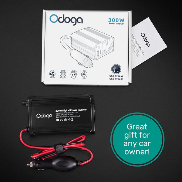 Odoga 300W Car Power Inverter 12V to 240V / 230V Converter, USB-A and USB-C 3A Charging Ports - Charge Your Laptop, iPad, iPhone, Tablet, Consoles & More - Durable and Powerful - Black Aluminum Body