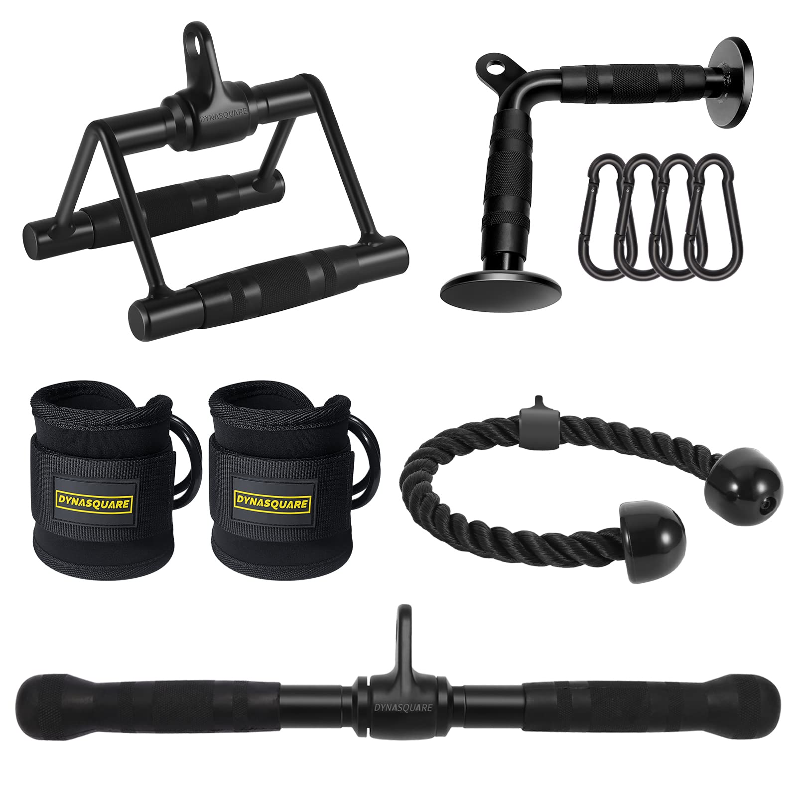 DYNASQUARE Cable Attachments for Home Gym, LAT Pulldown Equipment, Weight Machine Accessories, Straight Pull Down Bar, V Bar, Tricep Rope, Revolving