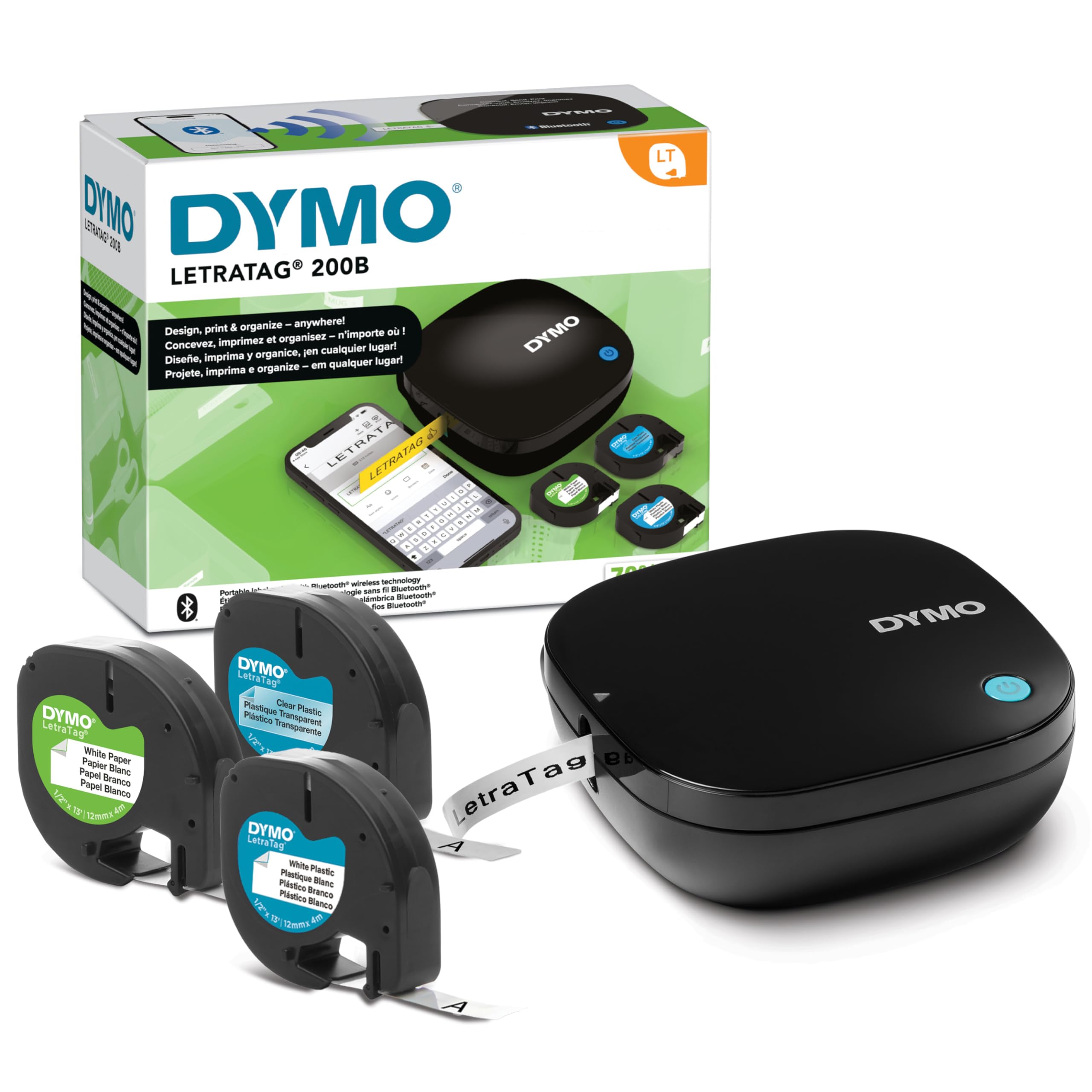 Dymo LetraTag 200B Bluetooth Label Maker | Compact Label Printer | Connects Through Bluetooth Wireless Technology to iOS and Android | Includes 1 White Paper Label Tape | Black