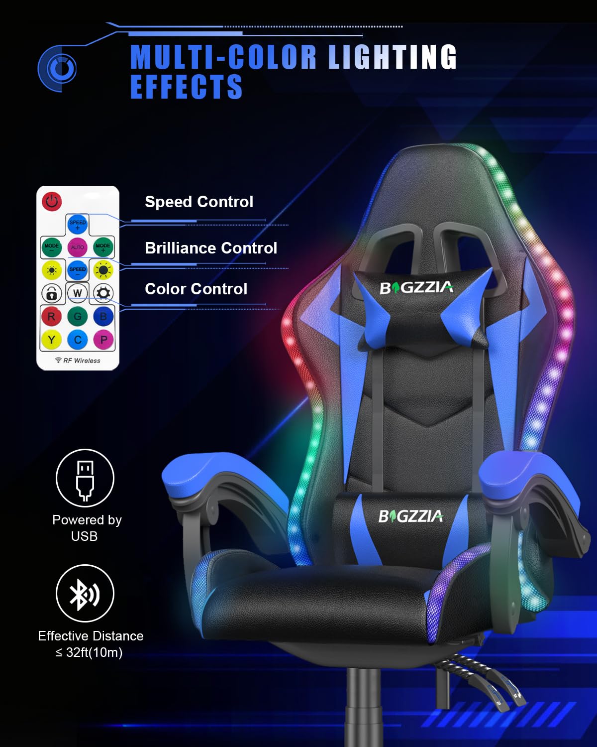 Racingreat Gaming Chair with Led Lights, Video Game Chair, Ergonomic RGB Gaming Chair for Adults, Height Adjustable Reclining Computer Chair with Headrest and Lumbar Support (With RGB, Black)