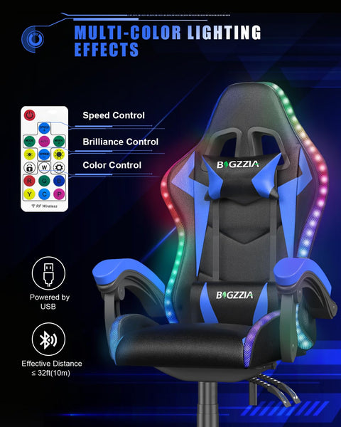 Racingreat Gaming Chair with Led Lights, Video Game Chair, Ergonomic RGB Gaming Chair for Adults, Height Adjustable Reclining Computer Chair with Headrest and Lumbar Support (With RGB, Black)