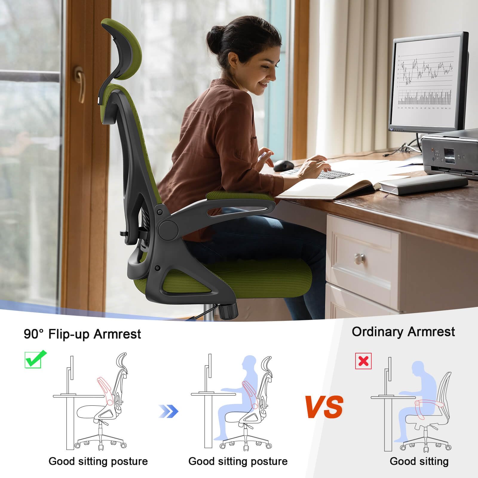 Office Chair - Ergonomic Desk Chair with Lumbar Support Headrest Adjustable, Padded Flip-up Armrests Comfy Seat Cushion High Back Executive Manager Chair For Home Office