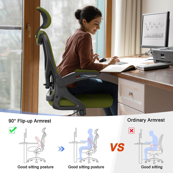 Office Chair - Ergonomic Desk Chair with Lumbar Support Headrest Adjustable, Padded Flip-up Armrests Comfy Seat Cushion High Back Executive Manager Chair For Home Office