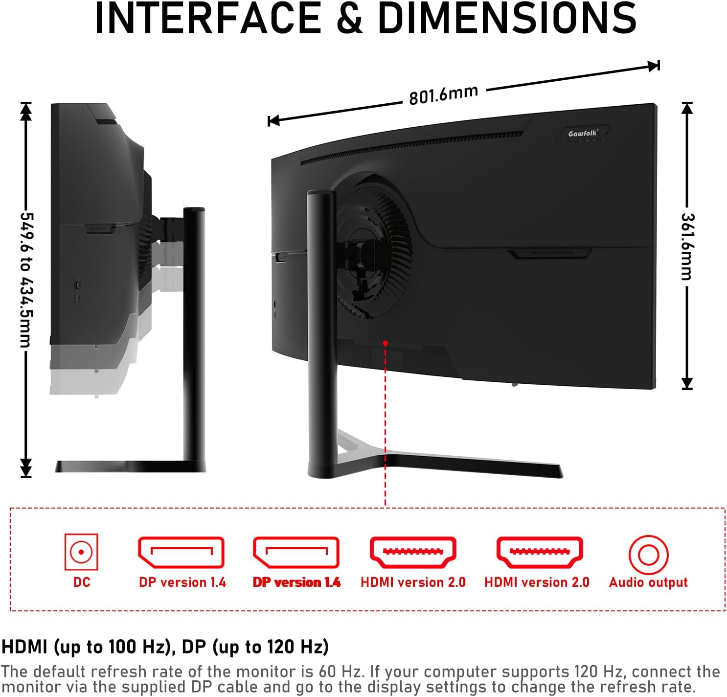 Gawfolk 34 Inch Ultrawide Curved 144Hz Gaming Computer Monitor 1500R PC Screen 21:9 UWQHD (3440x1440),Adaptive Sync,178° Viewing Angle,Display Port、HDMI 2.0, VESA75x75MM-Black