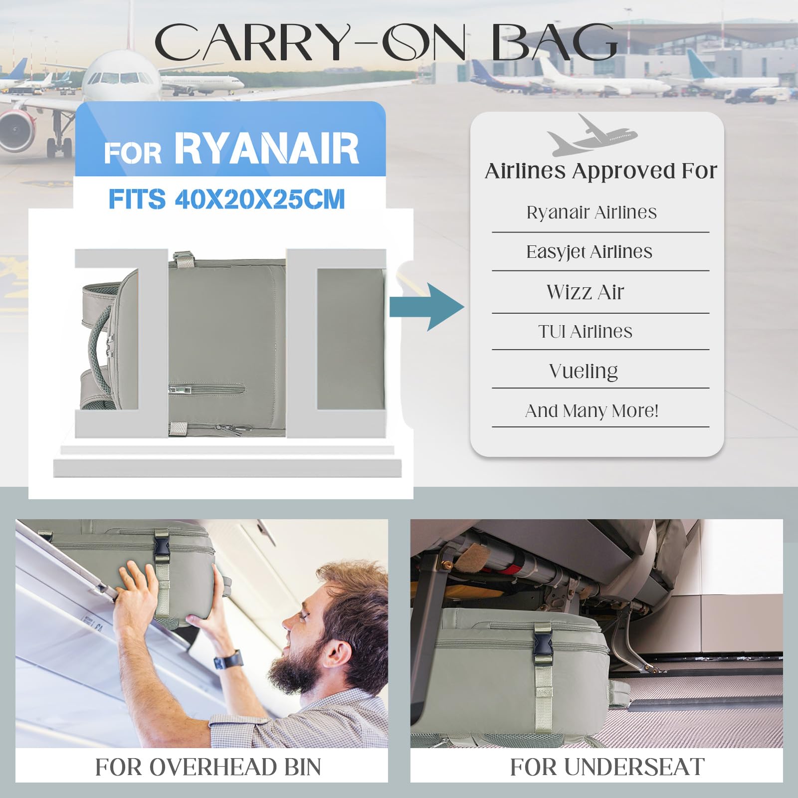 Cabin Bags 40x20x25 for Ryanair, Small Underseat Carry On Travel Backpack Casual Hand Luggage Flight Loptop Bags for Women Men Cabin Size Rucksack