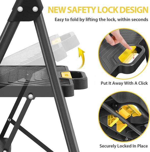 KINGRACK Folding 3-Step Ladder with Non-Slip Pedals, Sturdy Steel, Lightweight & Portable, Red