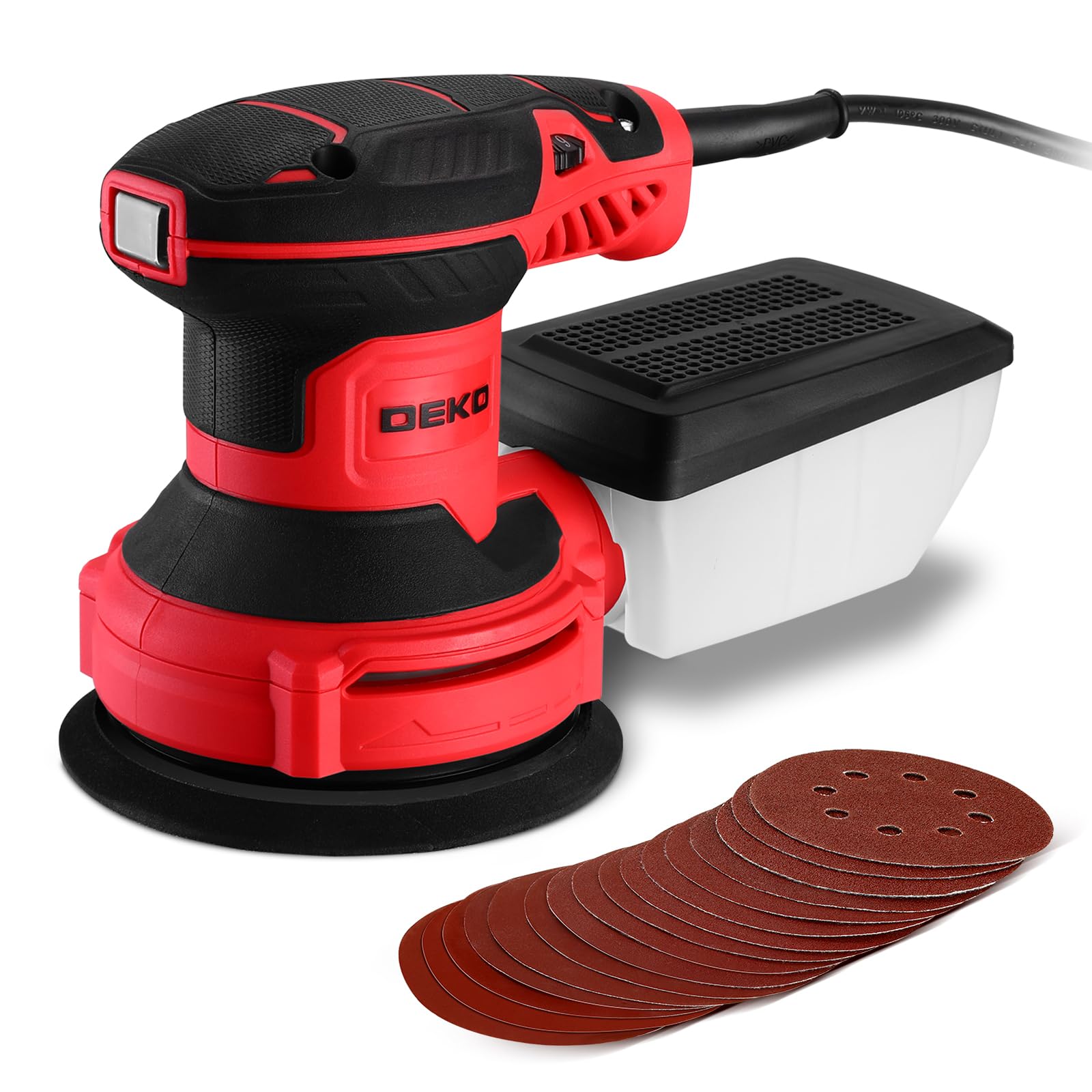 DEKOPRO Random Orbit Sander 300W with 16Pcs Sandpapers, 6 Variable Speed 14000RPM, 125MM Hand Electric Tool, High Performance Dust Collection System, Fit for Woodworking/Sanding
