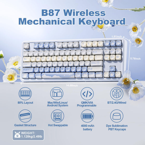 YUNZII B87 Wireless Mechanical Keyboard,QMK/VIA Software Custom Gaming,Gasket RGB Keyboard with Cute MOA Keycaps,Wrist Rest,BT5.0/2.4G/USB-C NKRO for Win/Mac (butter, milk v2 linear)
