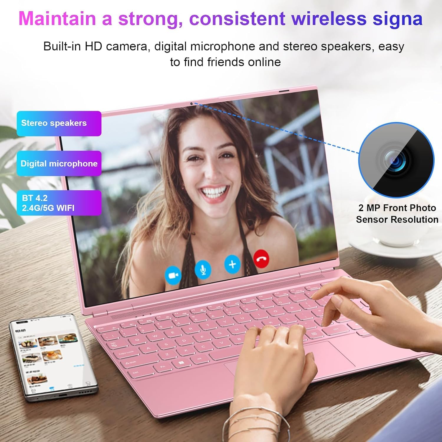 HUQPPQ 14 Inch Laptop Celeron N5095 Processor (Up to 2.9GHz) 8GB RAM 256GB SSD Win11 Laptops | FHD 1920×1200 IPS Display | WiFi 5, BT4.2, Webcam | 180° Foldable | For Students & Business-Pink-N700