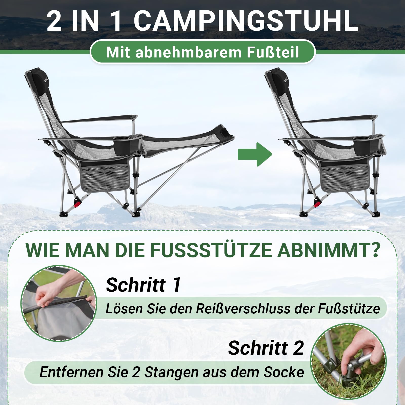 #WEJOY Camping Chairs Folding Recliner Chair Adjustable with Detachable Footrest Headrest Cup Holder Lightweight Portable Reclining Camp Chair Fold Up Chair for Outdoor Beach Garden, Cyan Set of 2