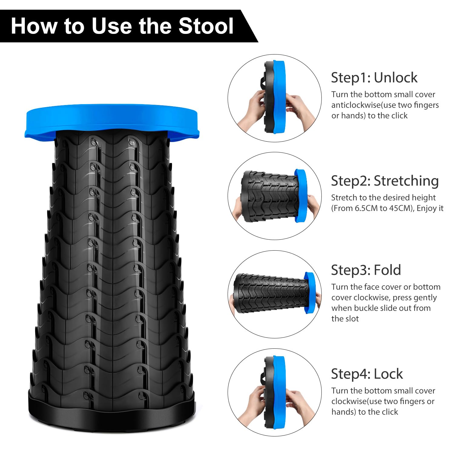 LUXJET Portable Folding Stool Lightweight Yet More Sturdy with Load Capacity 180KG, Retractable Plastic Foldable Collapsible Stool for Camping Fishing Hiking BBQ Outdoors Indoors Kitchen