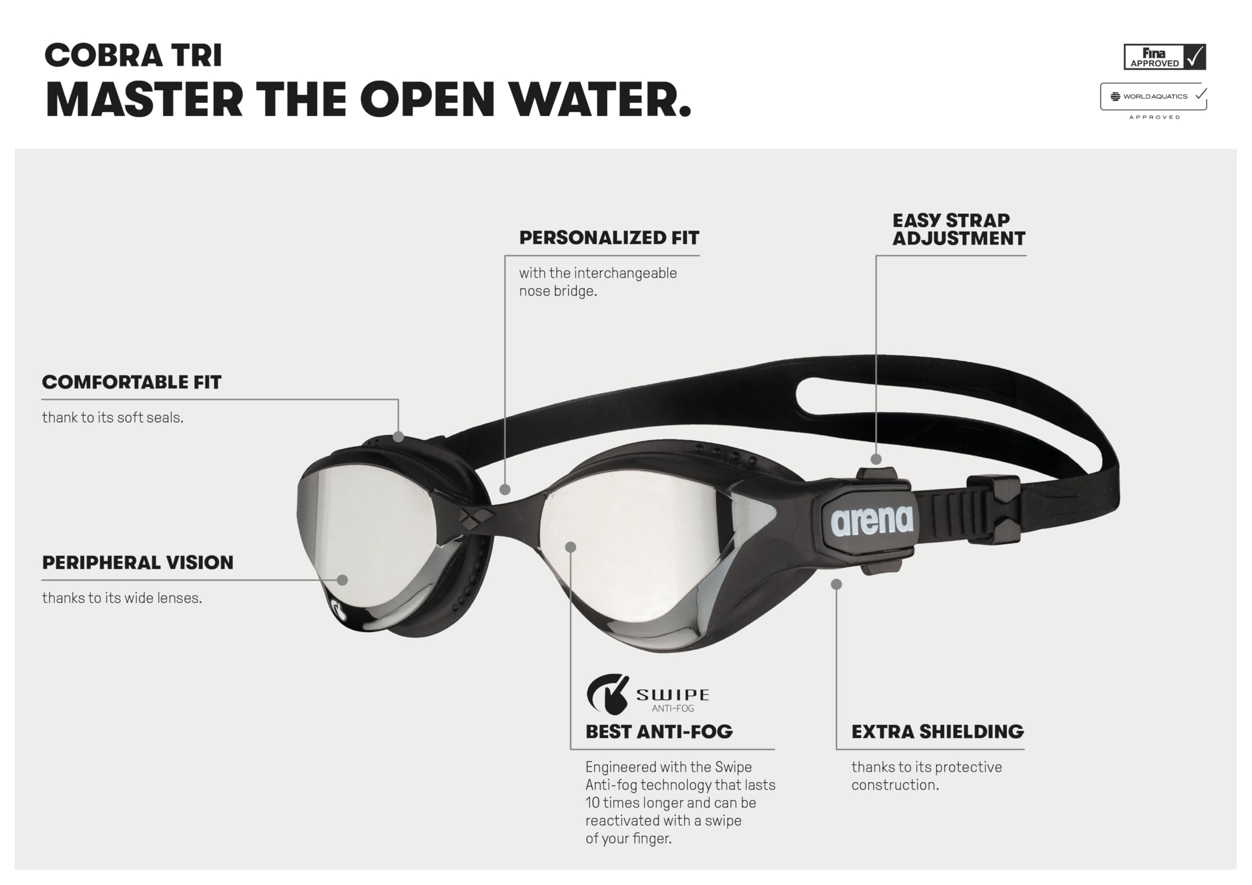 arena Cobra Tri Swipe Mirror Unisex Adult Triathlon Goggles, Swimming Pool Goggles with Mirror Lenses, Anti-Fog, UV Protection, 3 Interchangeable Nose