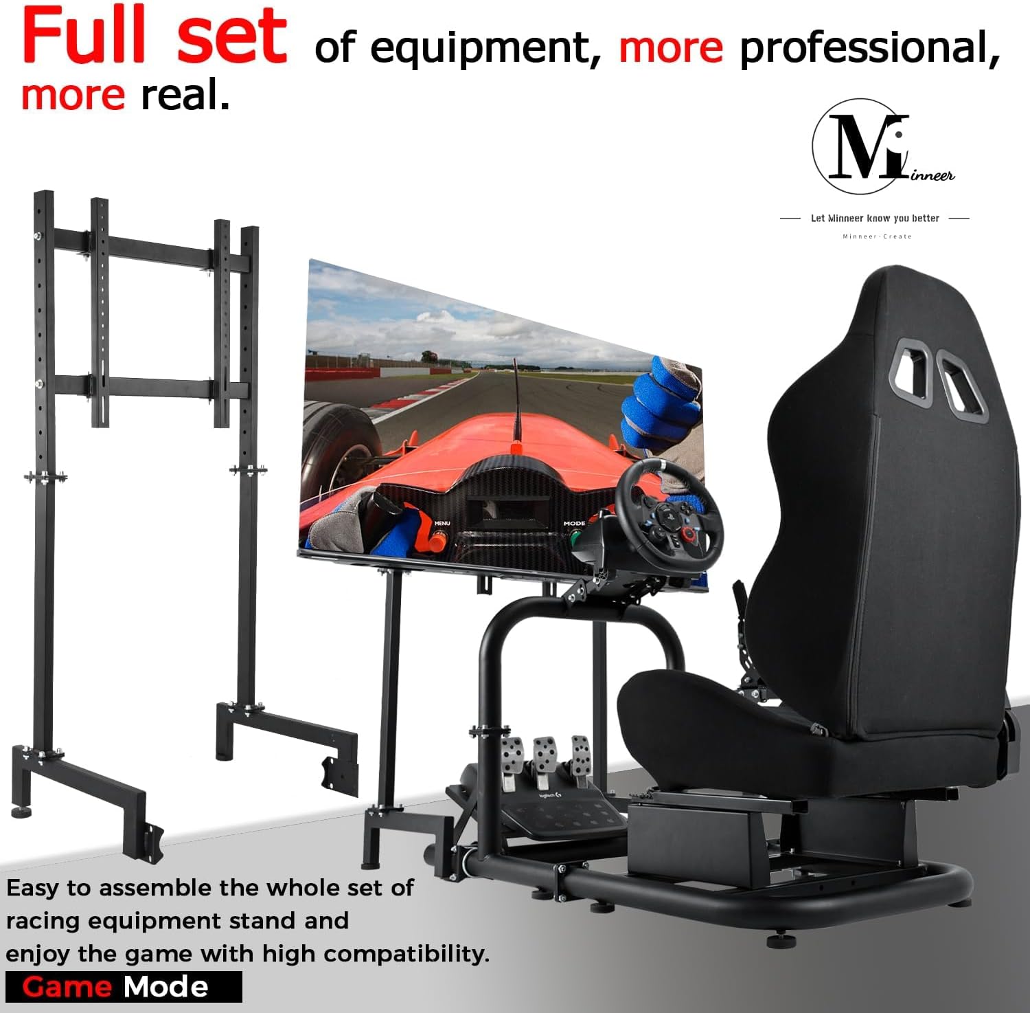 Minneer Pro Adjustable Racing Sim Cockpit With Black Seat, Monitor Fit for Logitech I Thrustmaster I Fanatec G25,G27,G29,G920,G923,T300RS,TX,T300rs Steering Wheel Stand Without Wheels and Pedals