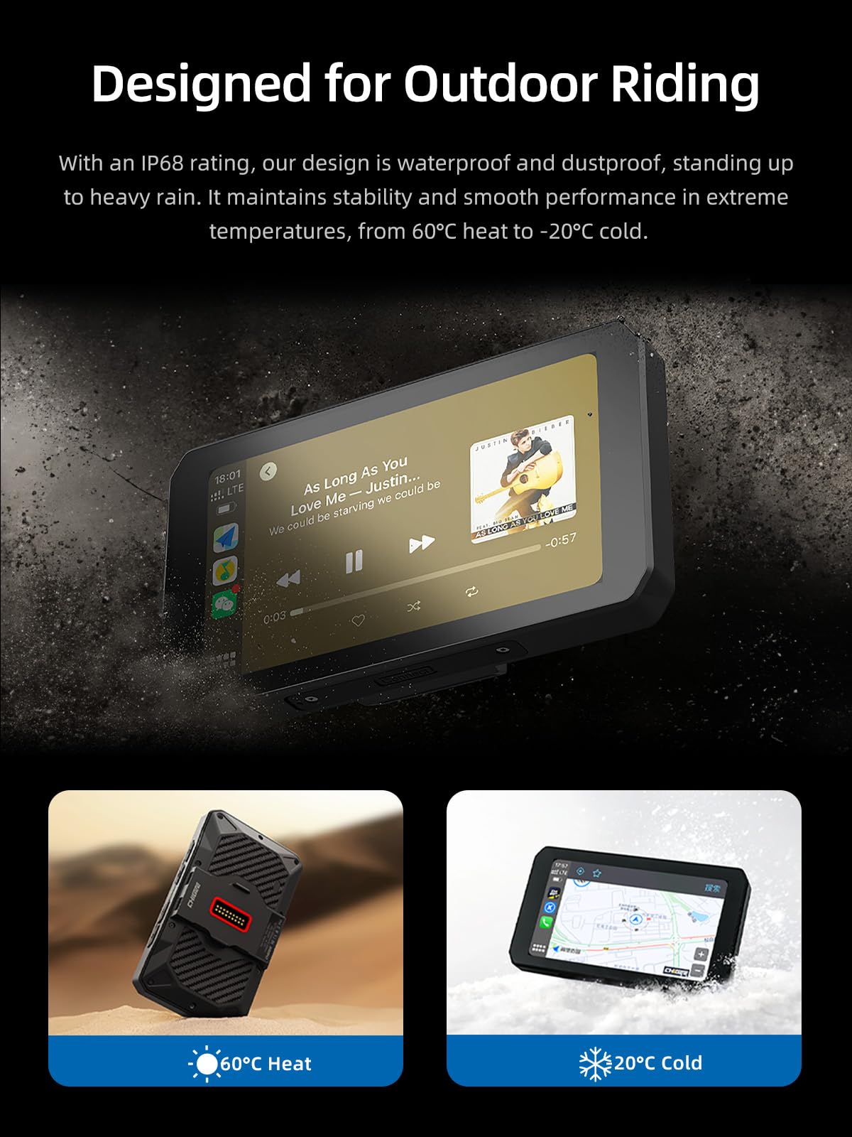 AIO-5 Lite Motorcycle Carplay Android Auto GPS Navigation System, BSD, STARVIS HDR 5" LCD, 60FPS,5G Wi-Fi BT, IP67 Waterproof, Support Siri Google Assistant, 24H Parking Mode, Dedicated App