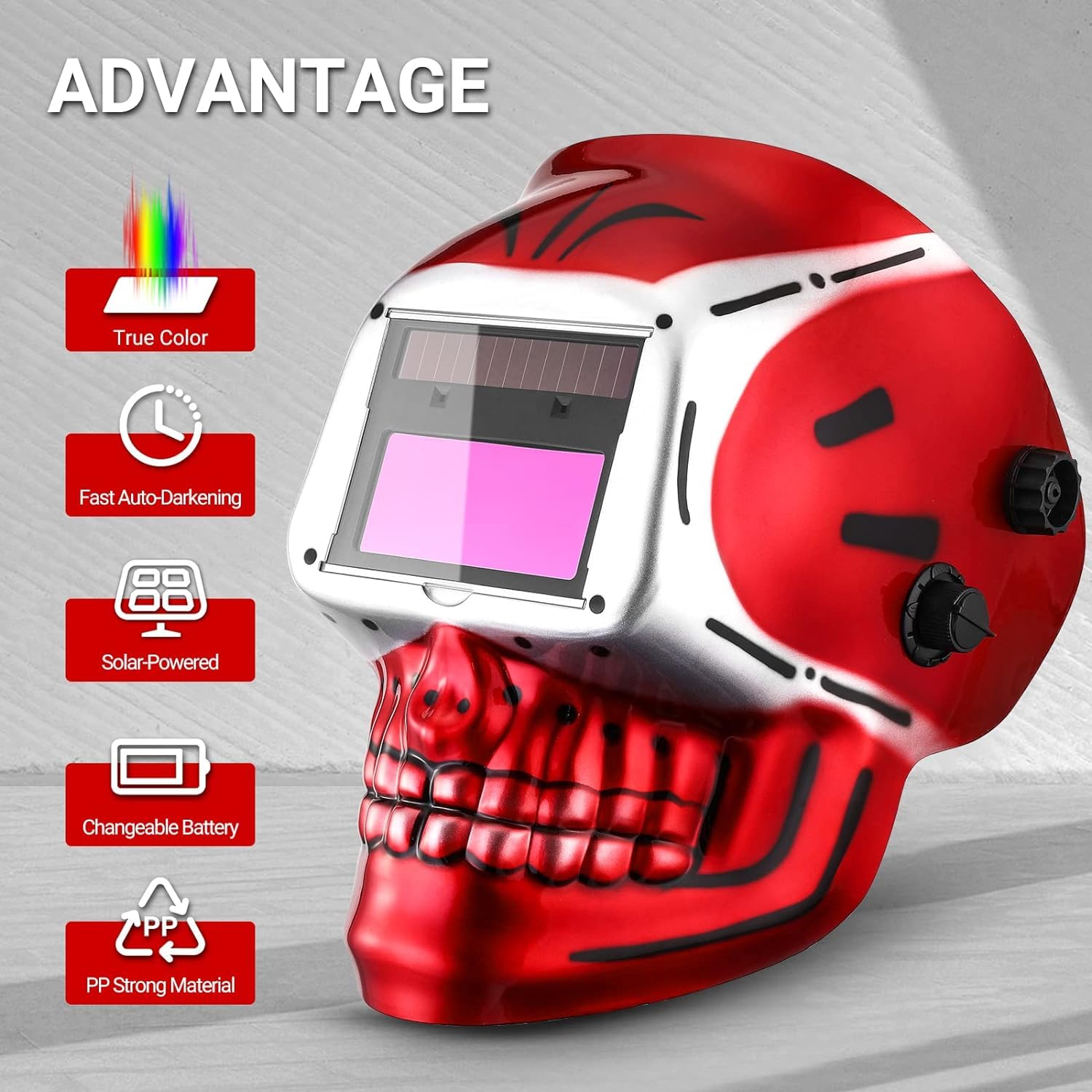 DEKO Welding Helmet Auto Darkening: True Color Solar Powered Auto Darkening Welding Helmets Welder Mask Hood (Skull Design)