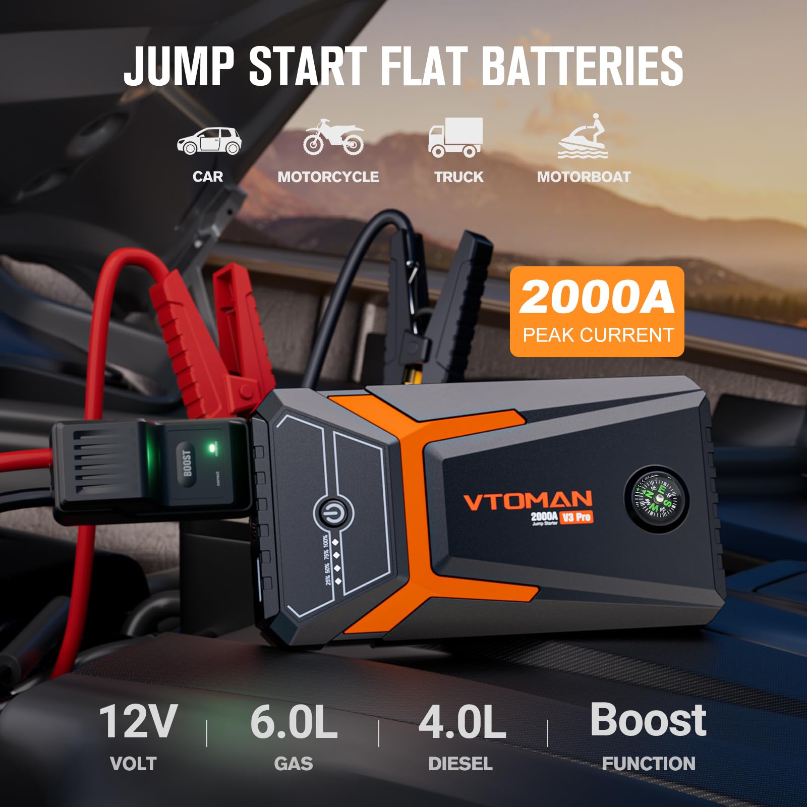 VTOMAN V3PRO Jump Starter Power Pack 2000A,Portable Car Battery Booster Jump Starter with Lithium Jump Pack,Battery Charger Starter with Jumper Cables for Motor(up to 6L Gas/4L Diesel Engines)