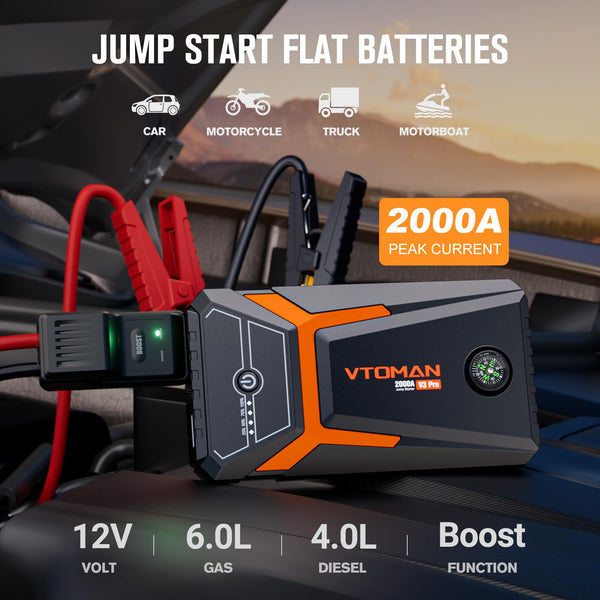 VTOMAN V3PRO Jump Starter Power Pack 2000A,Portable Car Battery Booster Jump Starter with Lithium Jump Pack,Battery Charger Starter with Jumper Cables for Motor(up to 6L Gas/4L Diesel Engines)