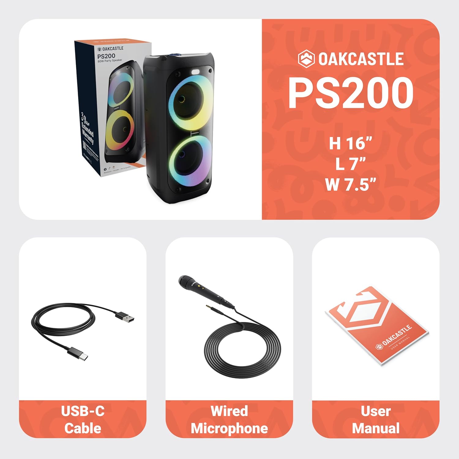 Oakcastle Party Loud Bluetooth Speaker | 80W Karaoke Machine with 5H Playtime | TWS Multi-Speaker Link, Party LED Lights, EQ Control, & Wired Microphone Included | Oakcastle PS200 disco speaker