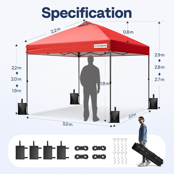 VIVOHOME Canopy Tent 3x3m Outdoor Shelter 2 Tiers Roof with Portable Wheel Carry Bag and 4 Sandbags Pop Up for Patio Garden Backyard