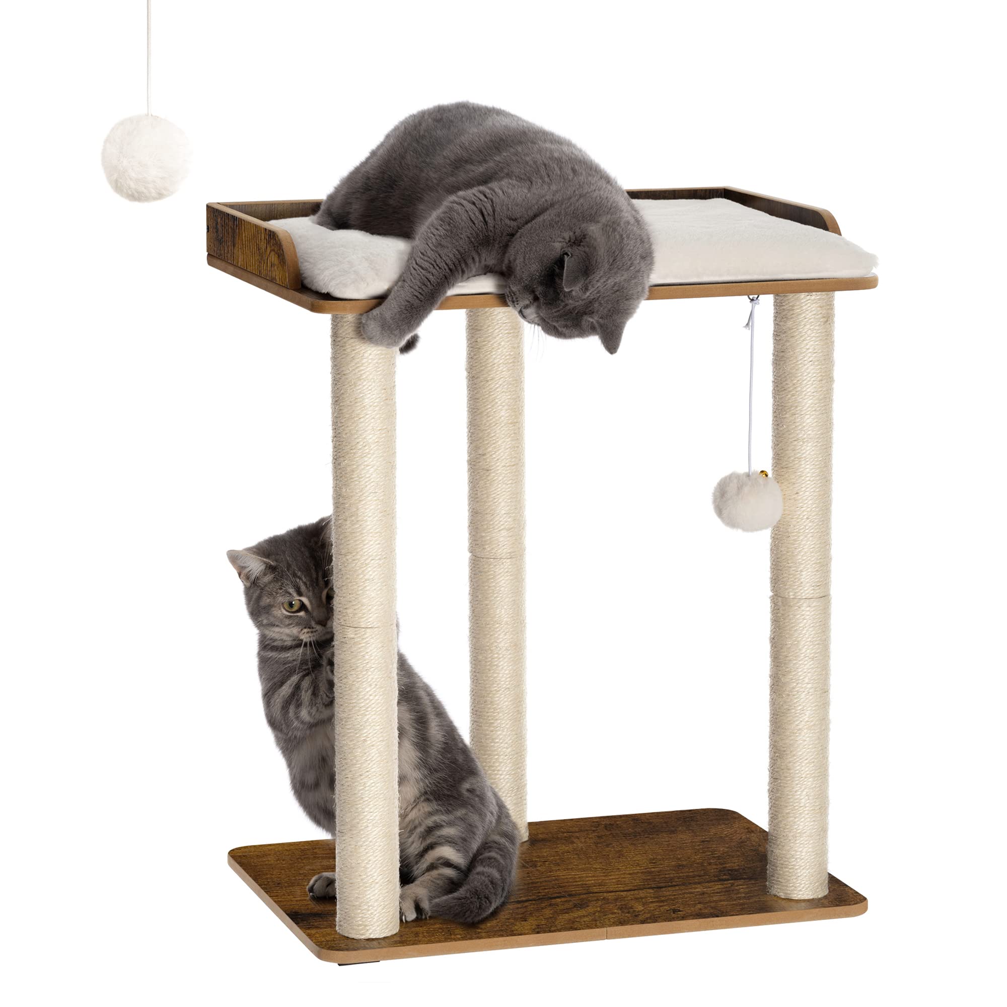 FourFurPets Cat Scratching Post 68 cm High with Three 60 cm Full Sisal Scratching Posts 56 x 40 cm Platforms Vintage Brown