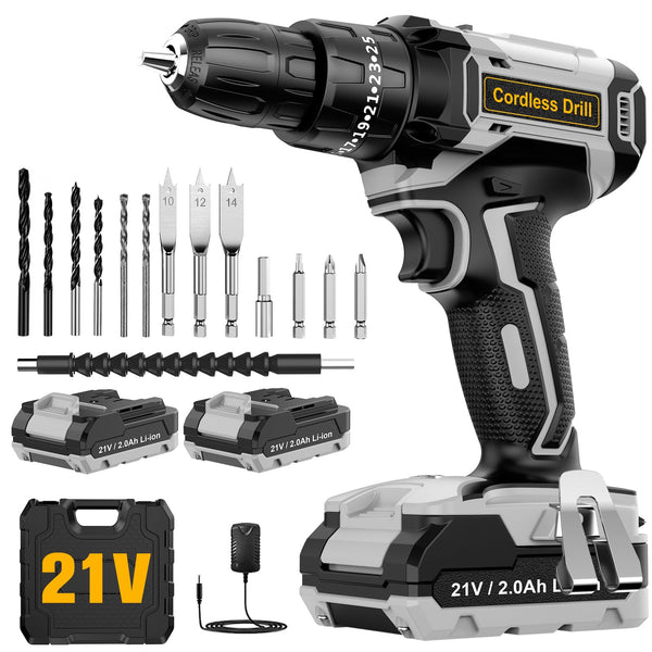 DYJPOW Brushless Cordless Hammer Drill Driver 21V, 2 Batteries 2000mAh, 20+3 Torque, 45N.m Max, 14PCS Drill Bits, 2 Speed, LED Light for Home, Garden DIY
