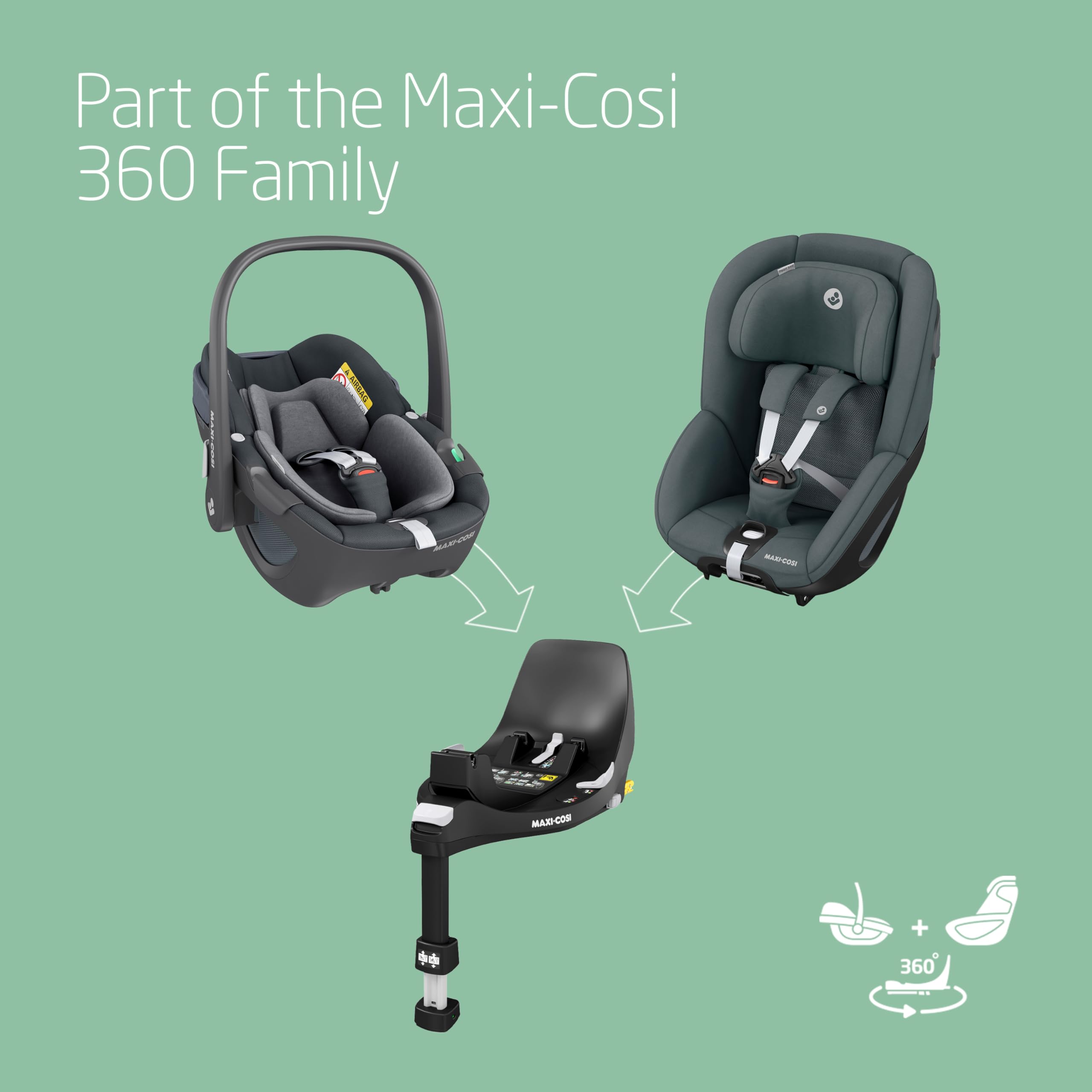 Maxi-Cosi FamilyFix 360 i-Size Base, Rotating Car Seat System, 360 Swivel ISOFIX Base, 0-4 Years (40-105 cm), One-Hand FlexiSpin Rotation, TravelSafe Rotation Control, Click & Go, Black