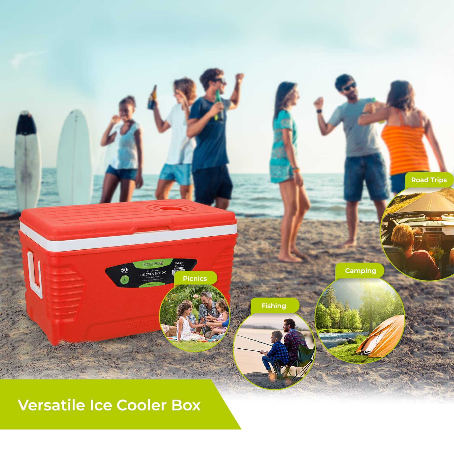 Royalford Insulated Cooler Box - Hot/Cold Freezer Box with Integrated Lock Lid and Carry Handle - Ideal for Beach and Picnic